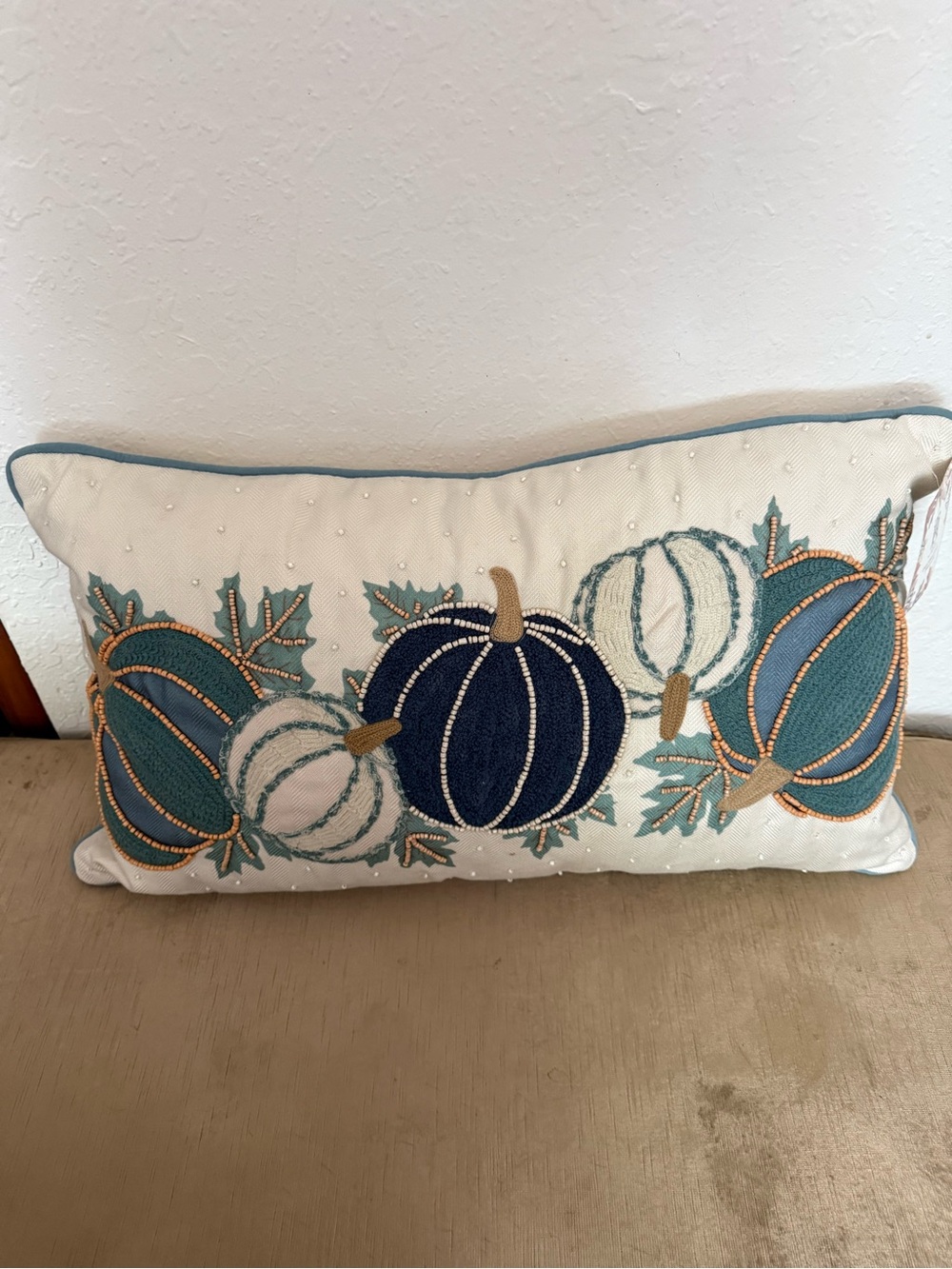 Embroidered Pumpkin Lumbar Pillow in Cream and Teal